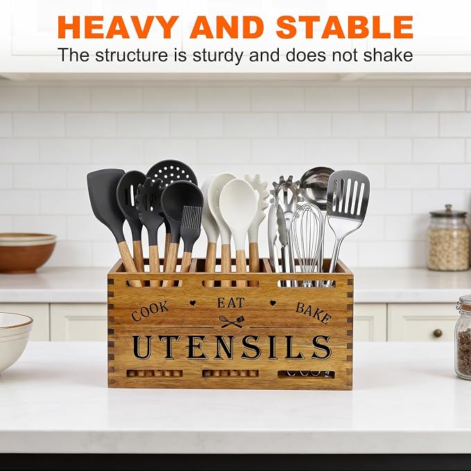 Large Acacia Wood Cooking Utensil Holder for Kitchen Spatula Spoon Holder | Wooden Utensil Organizer Countertop Kitchen Utensil Crock Tool Holder Rustic Silverware Caddy Country Kitchen Counter Decor