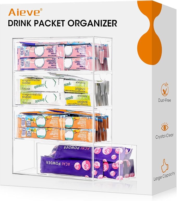 AIEVE Drink Packet Organizer, Drink Mix Holder with 4 Clear Drawers, Acrylic Water Flavor Packets Container, Kitchen Storage Organizers for Pantry Home Organization