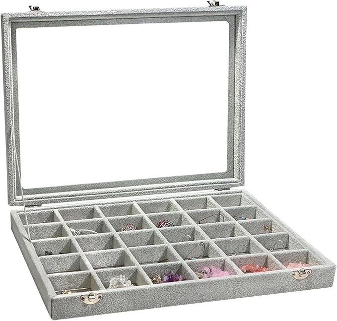 Stratalife 30 Grid Earring Organizer: Jewelry Holder Organizer Box with Clear Glass Lid, Velvet Jewelry Storage for Studs, Earrings, Rings, Necklace with Removable Dividers for Dresser, Grey