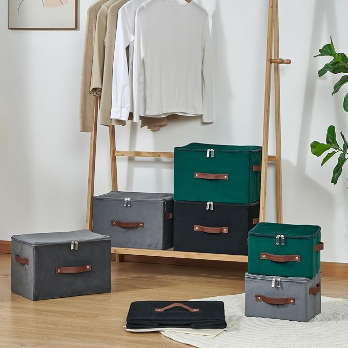 Storage Bins with Zipper Lid Velvet Fabric Storage Boxes Lidded Baskets Foldable Washable Decorative Closet Shelf Clothes Organizer Container with PU Leather Handles (Deep Green, Small)