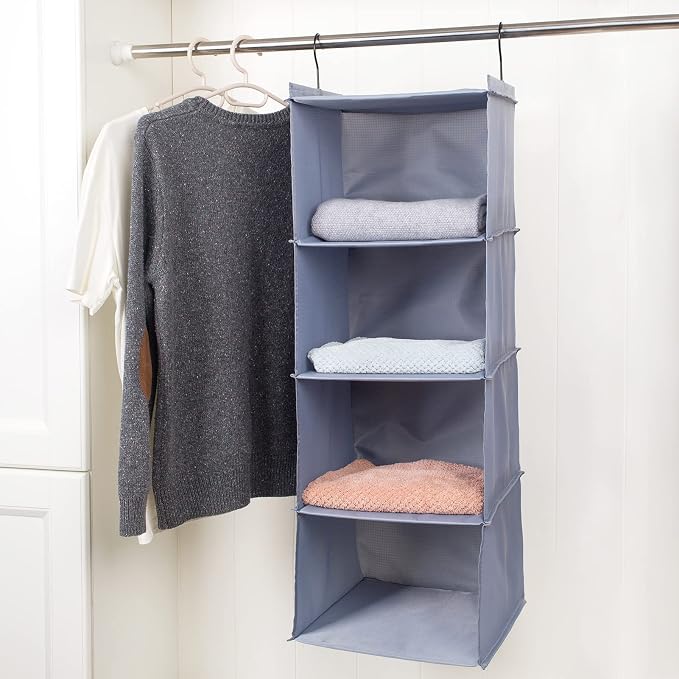 Hanging Closet Organizer 4-Shelf, Oxford Fabric Wardrobe Storage, Gray | Easy-mount foldable design holds clothes, handbags, shoes & accessories; washable Oxford fabric, sturdy and space-saving.