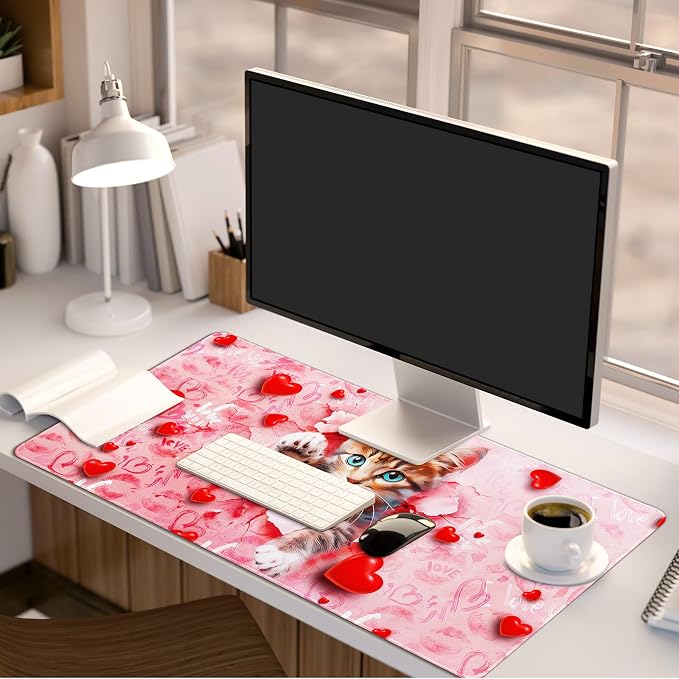 Lokigo Large Mouse Pad, Cute Pink Desk Mat for Desktop, Women Girls Waterproof Desk Mouse Pad, Love Cat Computer PC Laptop Protector Writing Pads for School Office Home 31.5" x 15.7"