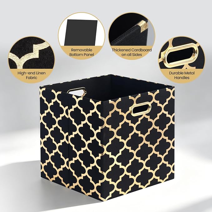 Posprica 13x13x13 Storage Cube Bins, Collapsible Storage Bins Fabric Storage Cubes Organizer Baskets Box Drawers for Shelves, Closet, Wardrobe, Bookshelf, Cabinet,(Set of 4, Black/Gold lantern)