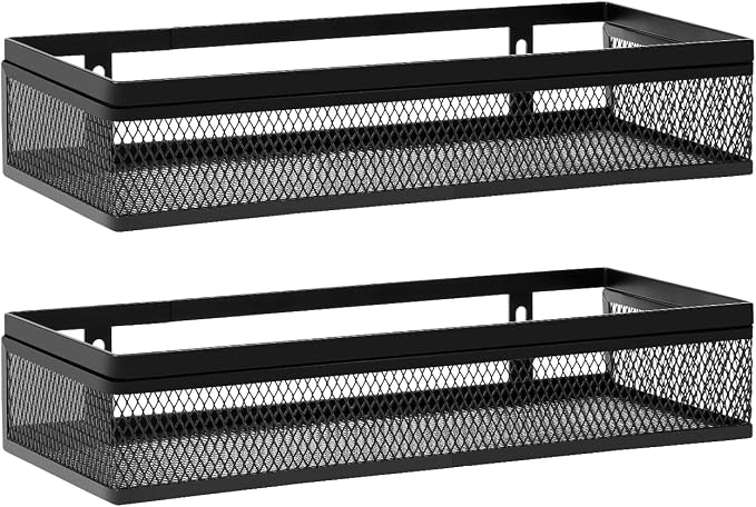 Hanging Wall Mount Storage Baskets with Adhesive Hooks & Screwing, Metal Wire Organizer Baskets for Home Decor, Kitchen, Bathroom, Pantry, Laundry, Closet, Garage, RV Black 2 Packs (Netting)