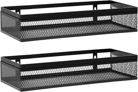 Hanging Wall Mount Storage Baskets with Adhesive Hooks & Screwing, Metal Wire Organizer Baskets for Home Decor, Kitchen, Bathroom, Pantry, Laundry, Closet, Garage, RV Black 2 Packs (Netting)