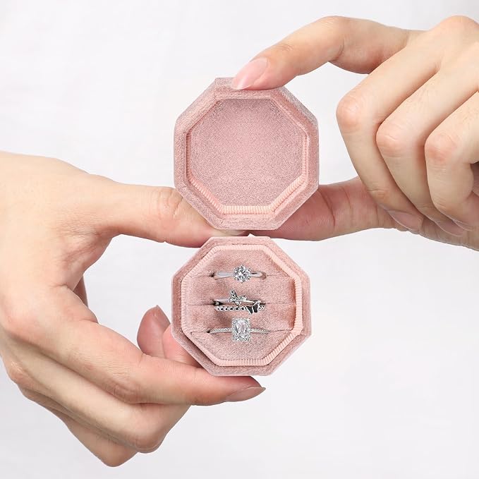 WantGor Velvet Ring Box, 3 Slots Jewelry Ring Gift Box Vintage Ring Holder | Ring Display Case for Wedding Ceremony Proposal Engagement (Blush Peach)