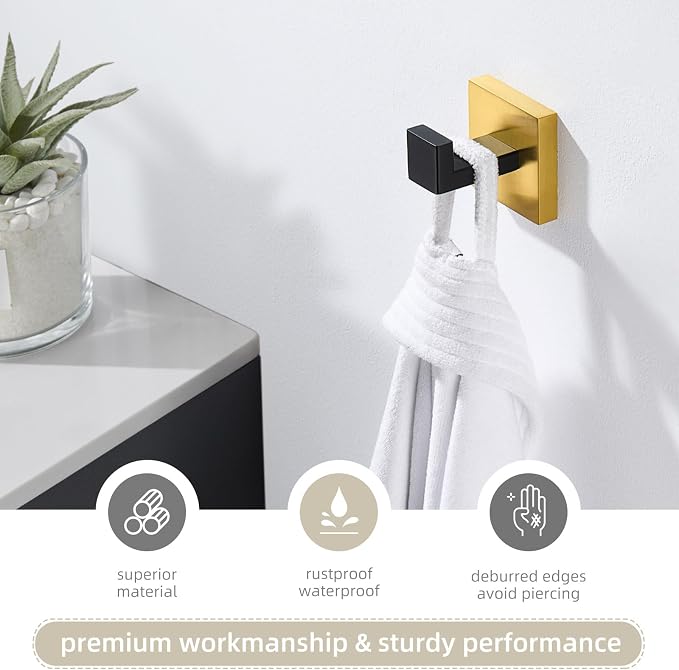 Angle Simple Towel Hook Black & Gold, 304 Stainless Steel Square Robe Bathroom Hook for Wall