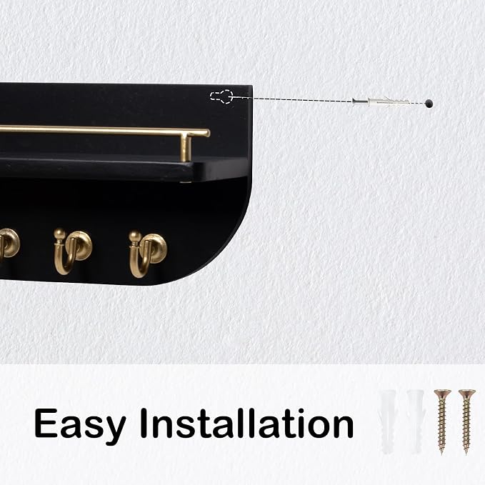 Key Holder for Wall, Wood Wall Mounted Key Rack with 6 Sturdy Metal Hooks for Bags, Coats, Umbrella, 14 Inches Mail Organizer for Home Entryway Decor, Black and Gold