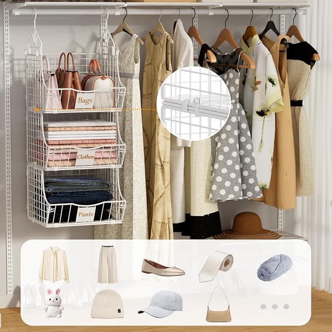 Hanging Closet Organizers and Storage, 3 Tier Closet Shelf Clothes Organizer with 2 S-Hooks, Multi-Functional Iron Wire Baskets, for Clothing, Sweaters, Handbags, Hat, Canned