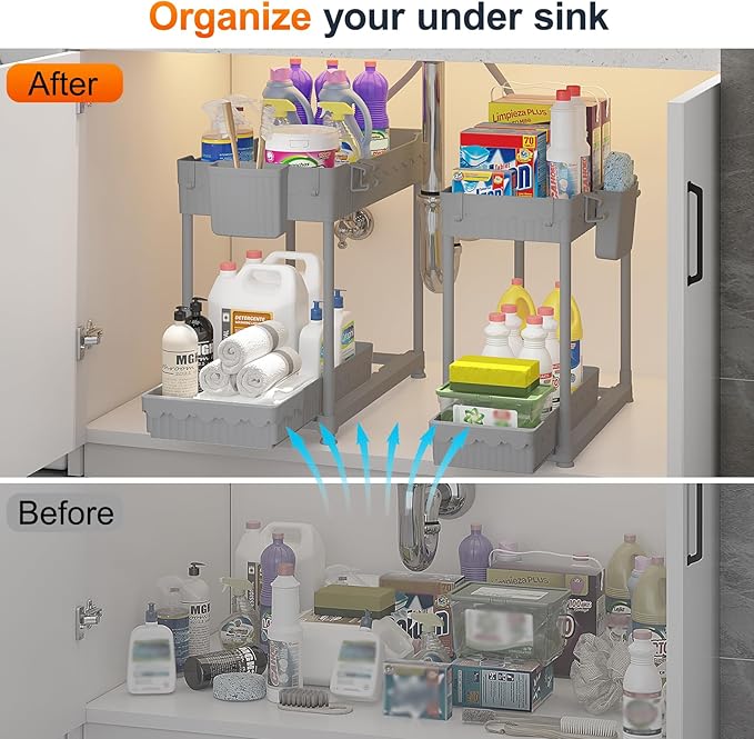 Sevenblue 4-Pack 2-Tier Under Sink Organizer with Pull Out Drawers | Multi-use kitchen & bathroom storage. Includes hanging hooks and cups. Gray, space-saving cabinet design. 14.8 Inch