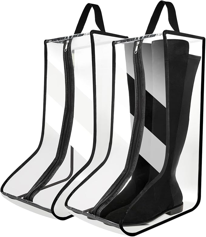2Pack Boot Bags for Cowboy Boots Portable Tall Boot Storage Organizer Shoe Bags for Travel with Dust Covers (Clear Black))