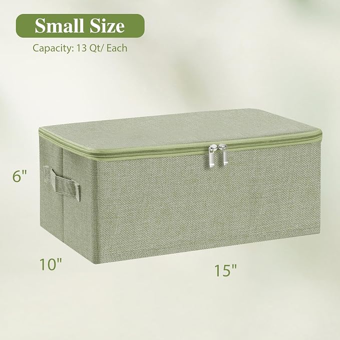 ANMINY 2PCS Storage Bins with Zipper Lids 13 Qt Lidded Fabric Storage Boxes Baskets Cubes with Handles Collapsible Washable Cotton Linen Closet Shelf Clothes Organizer Containers - Green, Small