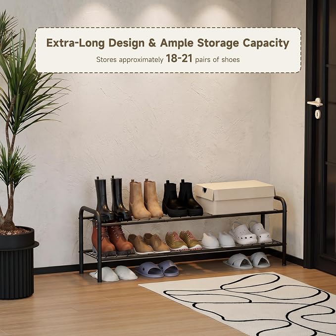 Shoe Rack,Long Shoe Organizer For Closet,Wide Shoe Storage For Entryway, 2 Tier Sturdy Metal Free Standing Shoe Shelf