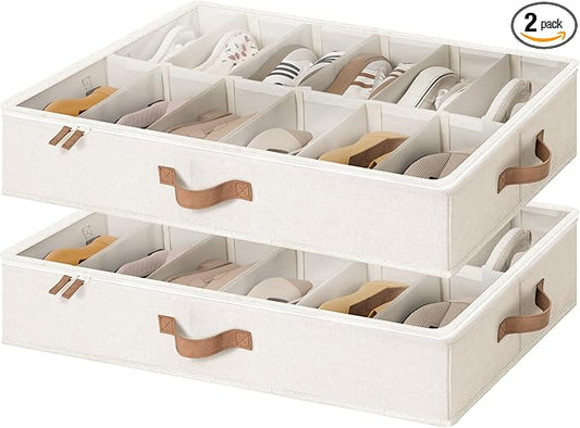 StorageWorks Underbed Shoe Storage Organizer for Closet, 2-Pack Under Bed Shoe Organizer with Bottom Support and Adjustable Dividers, Fits up to 24 Pairs, Beige