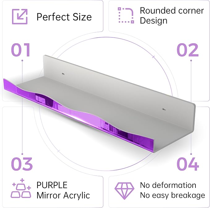 YMVV 15.7 in Large Purple Reflective Acrylic Mounted Floating Shelf, Perfume Organizer Shelf, Modern Bathroom Storage Toy Display Organizer Decor 4 Pack