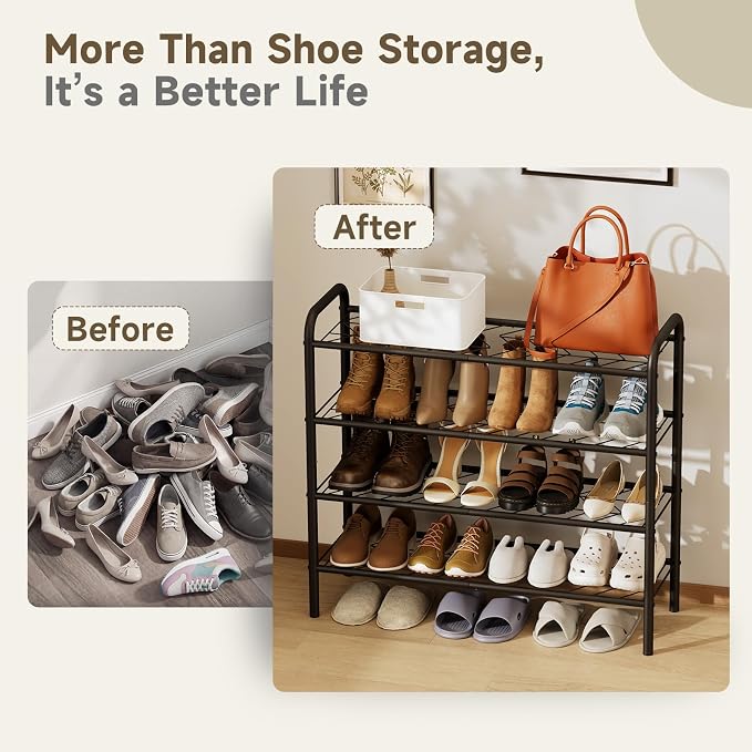Shoe Rack,Long Shoe Organizer for Closet,Wide Shoe Storage for Entryway, 4 Tier Sturdy Metal Free Standing Shoe Shelf