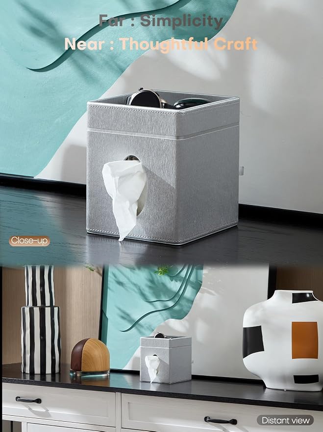 Square Tissue Box Cover Holder with Tray for Kleenex/Puffs Cubes | Gift-Ready for Entryways/Vanities | Stardust Black/Polar Ice/Liquid Iridium | Patented Metal-Look PU Leather-Liquid iridium