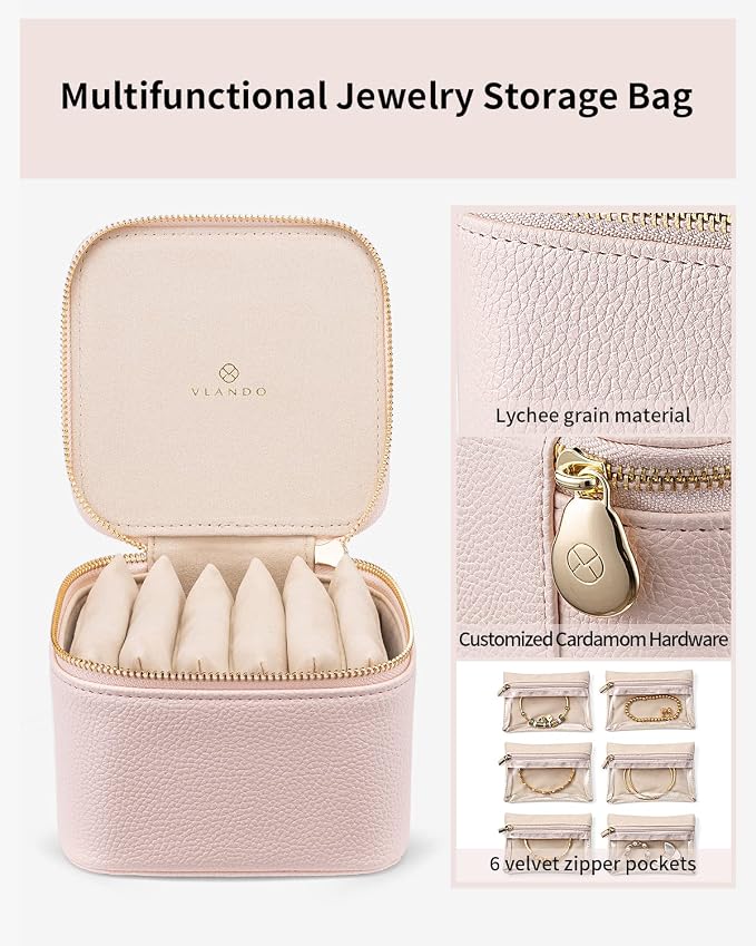 Vlando Travel Jewelry Case,Jewelry Organizer with 6 zipper velvet Jewelry bags for Women Girl,Wedding Birthday Gift Ideas for Women Earrings Rings Storage Gift Box Packaging Pink