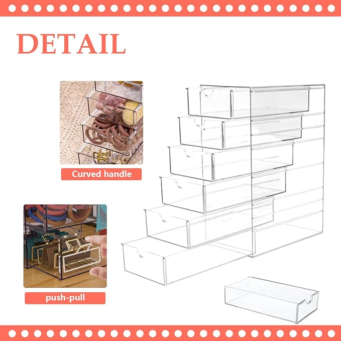 Clear Hair Accessories Storage Drawer Hair Tie Storage Organizer Acrylic Makeup Organizer Jewelry Organizer Scrunchie Holder with 5 Drawers for Bathroom Closet Desk Office Vanity, Undersink