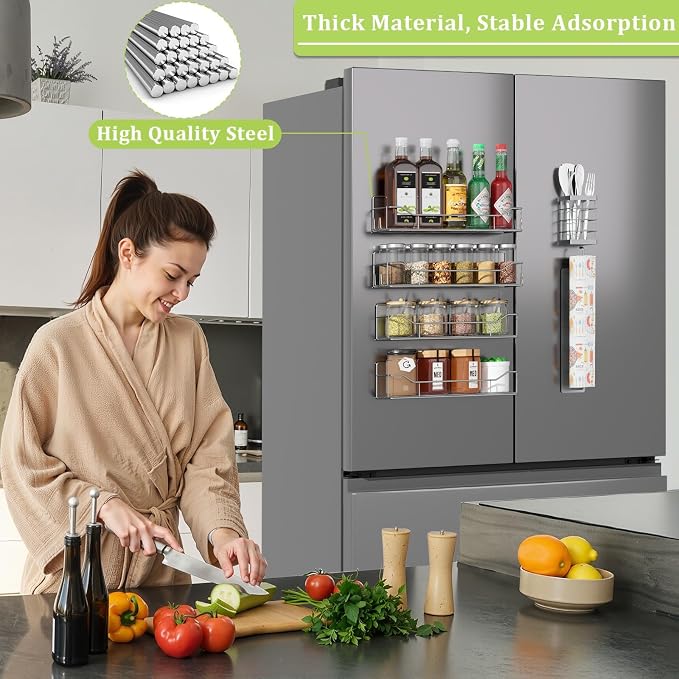 Magnetic Spice Rack for Refrigerator, 6 Pack Strong Magnet Spice Organizer with Paper Towel Holder, Utensil Holder, Moveable Magnetic Fridge Shelf for Kitchen Organization and Storage (Grey)