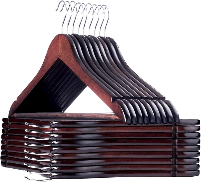 Coat Hangers, 18 Pack Solid Wooden Suit Hangers with Notched Cut Shoulder, Non-Slip Pant Bar, Extra Smooth and Splinter Free Walnut Finish