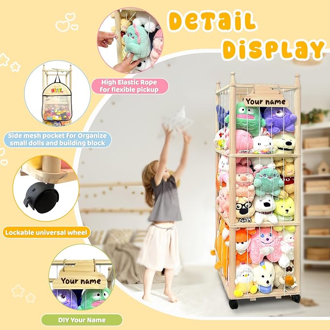 Pmbqifay Stuffed Animal Storage/Organizer Cute Wooden Stuffed Animal Zoo Storage Plush Toy Holder Cage for Nursery Toddler Rooms,Playrooms & Bedrooms with Toy Storage Bags for Building Blocks,Puzzle