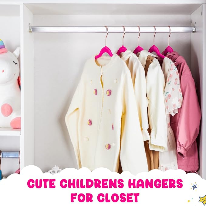 HOUSE DAY Velvet Kids Hangers 60 Pack, Premium Childrens Hangers for Closet, Ultra Thin Cute Clothes Hanger, Non Slip Small Felt Hanger 14 Inch for Kids Clothes, Hot Pink