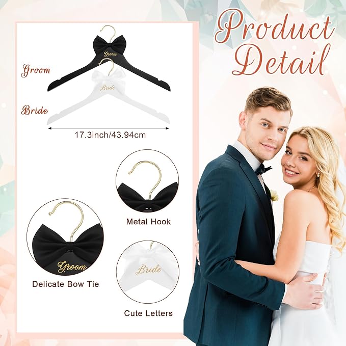 Beeveer 2 Pcs Bride Hanger and Groom Wedding Wooden Hanger with Letter and Bow Tie for Tuxedo Suit Bridesmaid Bridal Wedding Gift Bridal Party Shower (Classic)