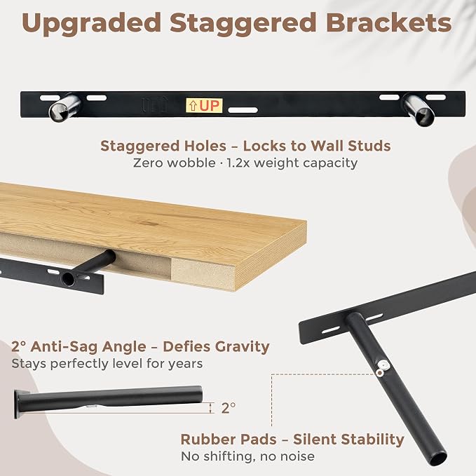 FLYJOE 22.5 Inch Floating Shelves for Wall Set of 2, 6.5" D Wood Grain Bathroom Shelves with Invisible Brackets, Easy Install Engineered Wood Storage Shelves for Kitchen, Living Room, Bedroom