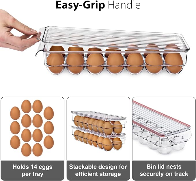 Sorbus Soda Can Organizer for Refrigerator & Egg Holder for Fridge Set, 4 Stackable Can Holder Dispenser Holds 12 Cans Each & 2 Egg Holders with Lid holds 14 eggs for Fridge, Pantry, Freezer, BPA-Free