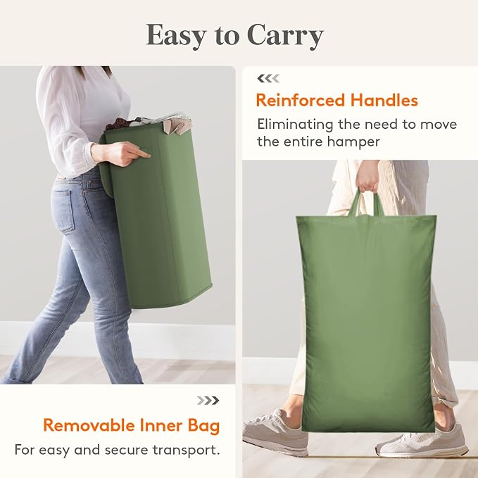 Lifewit Slim Laundry Basket with Lid, Narrow Large Laundry Hamper with Plastic Handles and Removable Bag, Tall Foldable Dirty Clothes Hampers for Laundry Room, Bedroom, Bathroom, Dorm, 65L Green