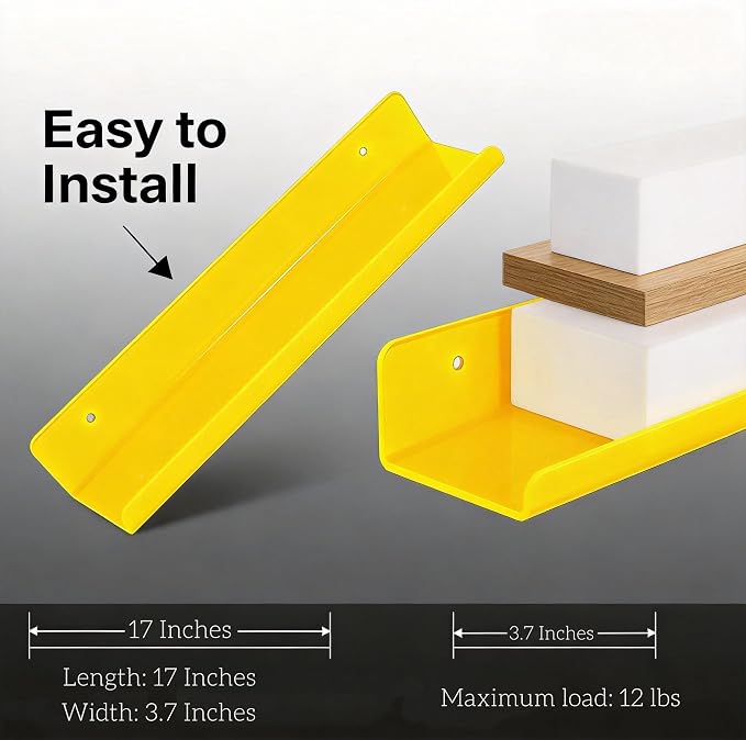 ROYALITA 2-Pack Acrylic Shelves Wall Mounted, 17 Inch Display Shelves | for Small Items Plants Organize Wall Shelves for Gaming Room, Bedroom, Living Room, Office, Yellow