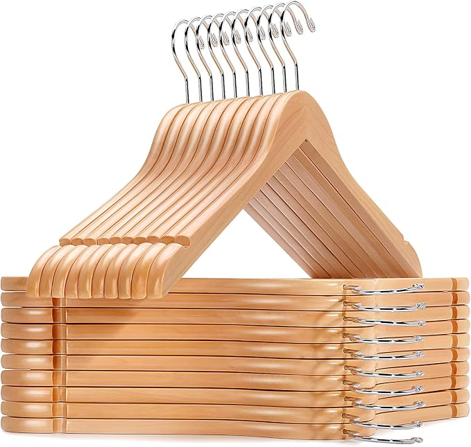 Amber Home 20 Pack Natural Wooden Shirt Hangers, Premiun Wood Coat Hangers Without bar, Clothes Hangers for Jacket, Bridal (Natural, 20)