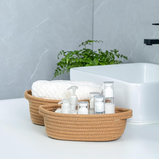 CubesLand Small Storage Basket Cotton Rope Organizer Baskets for Shelves | Set of 5 Decorative Closet Storage Bins with Handle for Countertop, Toilet Paper Basket for Toilet Tank Top, Brown Basket
