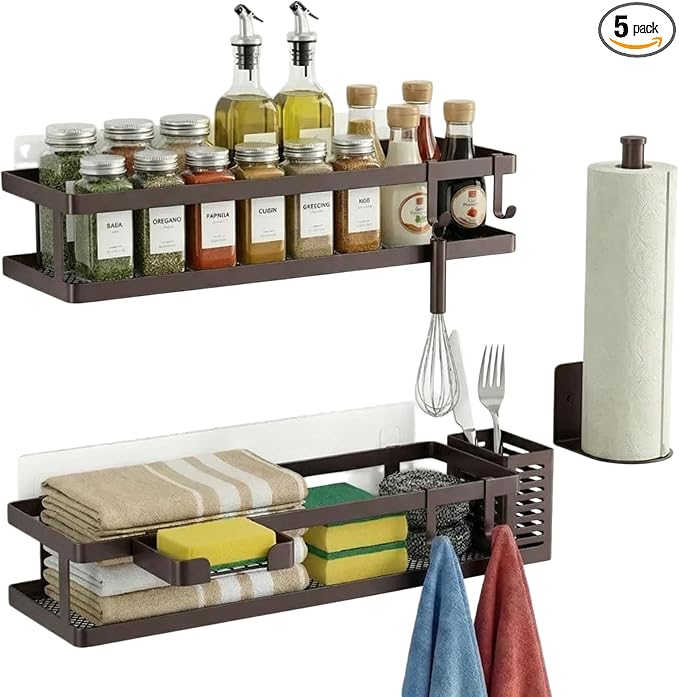 PUSDON 5-in-1 16.5" Extra Long Kitchen Organizer & Shower Caddy Set, Wall Mount Spice Rack with Paper Towel Holder, Utensil Holder & Soap Dish, Rustproof Mesh Storage Rack, Vintage Bronze, Guardrail