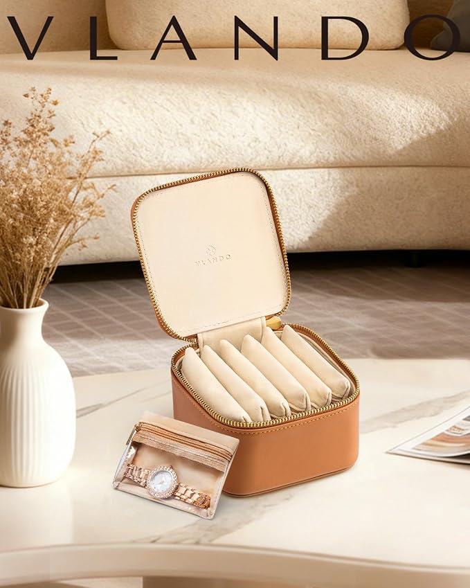 VLANDO Travel Jewelry Case,Valentines Gifts,Small Jewelry Box Organizer,Travel Jewelry Storage with 6 Velvet Jewelry Zipper Pockets, Birthday Gifts for Women Girls (Brown)