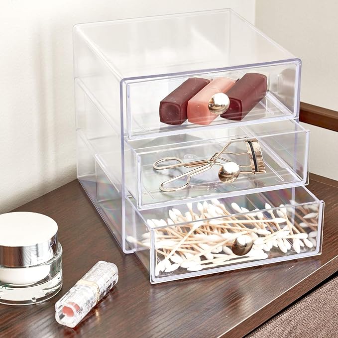 iDesign Stackable 3-Drawer Makeup Organizer, Clear | Bathroom Storage, Vanity Storage