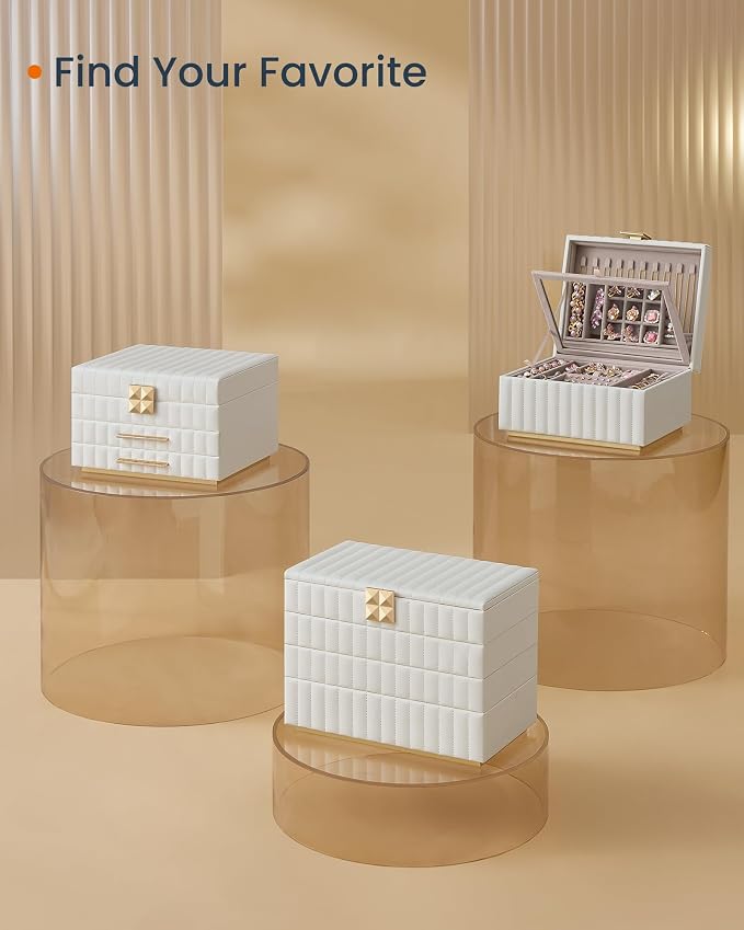 SONGMICS HOME 3-Tier Jewelry Box with Mirror, Jewelry Organizer with 2 Drawers, PU Surface with Stitching, Floating Effect, 8.5 x 9.4 x 6.2 Inches, Cloud White, ANAH Collection UJBC183W01