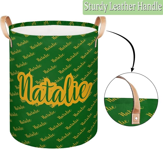 Personalized Laundry Basket, Custom Gift Laundry Hamper, Collapsible Nursery Waterproof Laundry Baskets, Dirty Clothes Toy Hamper with Handles Name Gold Green