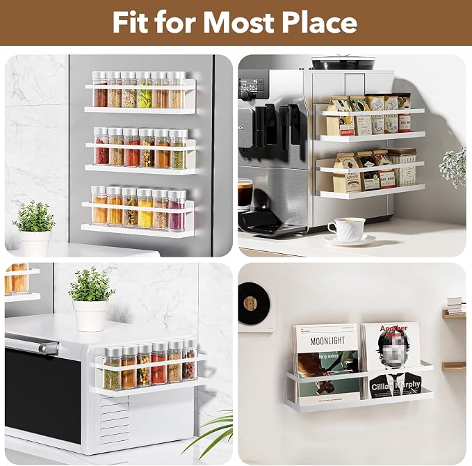VANPET Magnetic Spice Rack for Refrigerator, Magnetic Fridge Shelf for Kitchen Spice Organizer, Spice Rack Wall Mount, Fridge Organizers and Storage (2, White)