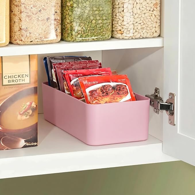 BSTKEY Seasoning Packet Organizer, Food Storage Organizer with Divided 4 Bamboo Wood Compartments, Pink Plastic Storage Caddy for Pantry Cabinet, Kitchen Organization Bin for Snacks Spice Packet