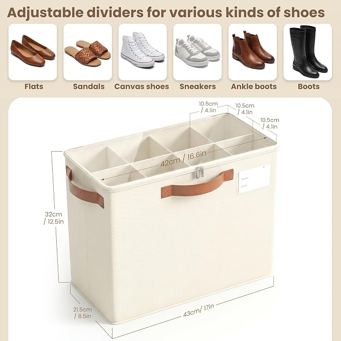 Varhomax Shoe Organizer Box for Closet, Small Fabric Shoe Storage Bin with Adjustable Dividers & Clear Cover, Saving Space Sneakers & Sandals Containers for Entryway, Cubby, Beige 2 Pack