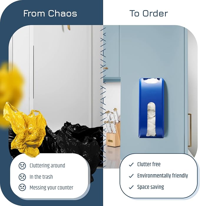 Manterio Plastic Bag Holder | Durable Plastic Wall Mount Kitchen Grocery Bag Storage Organizer | Smudge Proof, Fingerprint Resistant | Blue