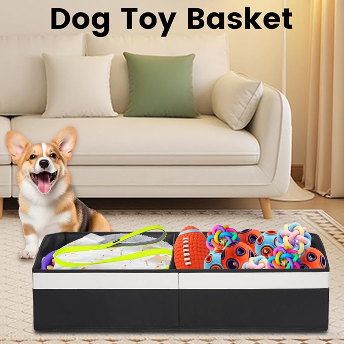 Large Dog Toy Basket with Handle, Foldable Dog Toy Box for Living Room Area , 28.5" Basket for Dog's Supplies, Organizer and Storage with Hard Board, Anti-Slip for Pet Toys (Black, Large 28.5"×15")