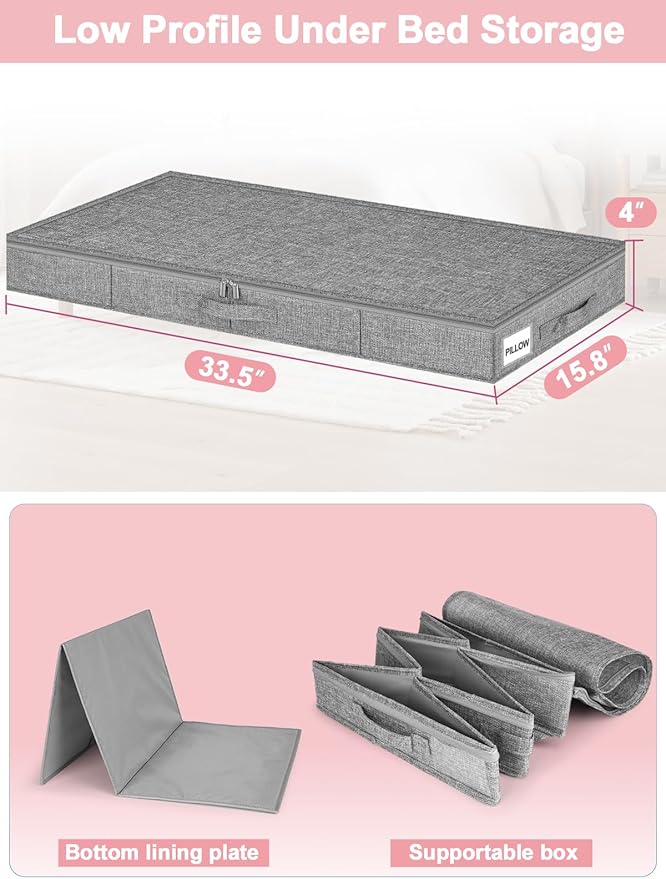4-Inch Tall Under Bed Storage Container, Low Profile Underbed Storage Bin w/Rigid Sidewalls & Bottom, Shallow Storage Organizer with Lid for Couch, Sofa & Crib, 2-Pack, 33.5 x 16 x 4 Inch, Gray