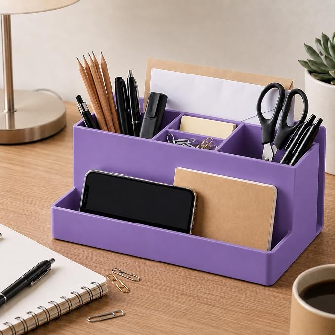 Acrimet Desktop Organizer - Multi Organizer Caddy Holder for Office, Home and School use (Plastic) (Solid Purple Color)