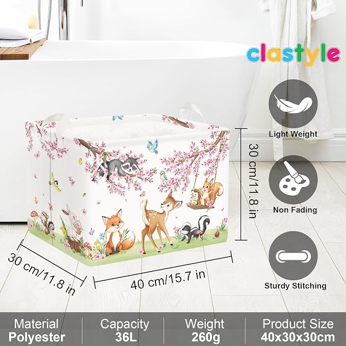 Clastyle Forest Animal Baby Storage Basket Leaf Kid Laundry Hamper Boy Girl Gift Toy Box Collapsible Clothes Organizer Nursery Bin for Bedroom, Cherry Deer, 40x30x30 cm