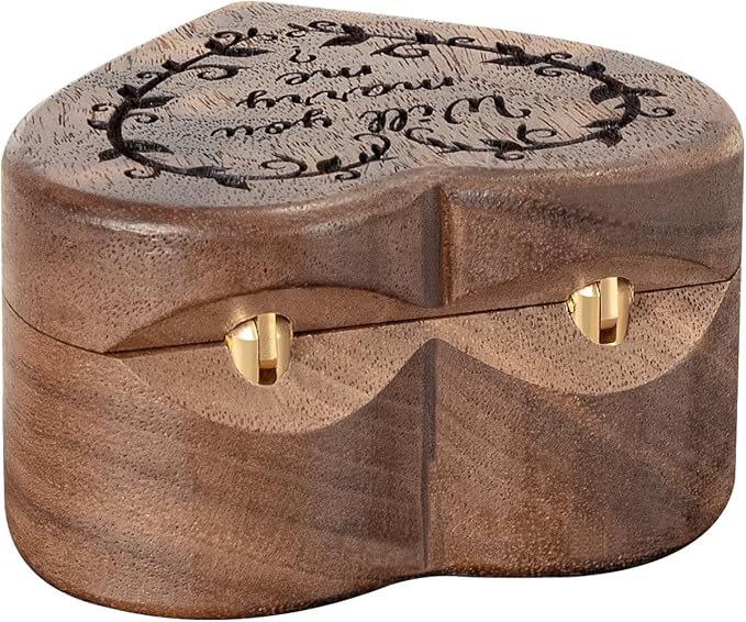 Engagement Proposal Ring Box Secret Slim Engraved Wooden Heart Case | Engrave"Will you marry me?", Walnut Wood Ring Bearer Box Jewelry Storage Holder Display for Wedding Ceremony Commemoration
