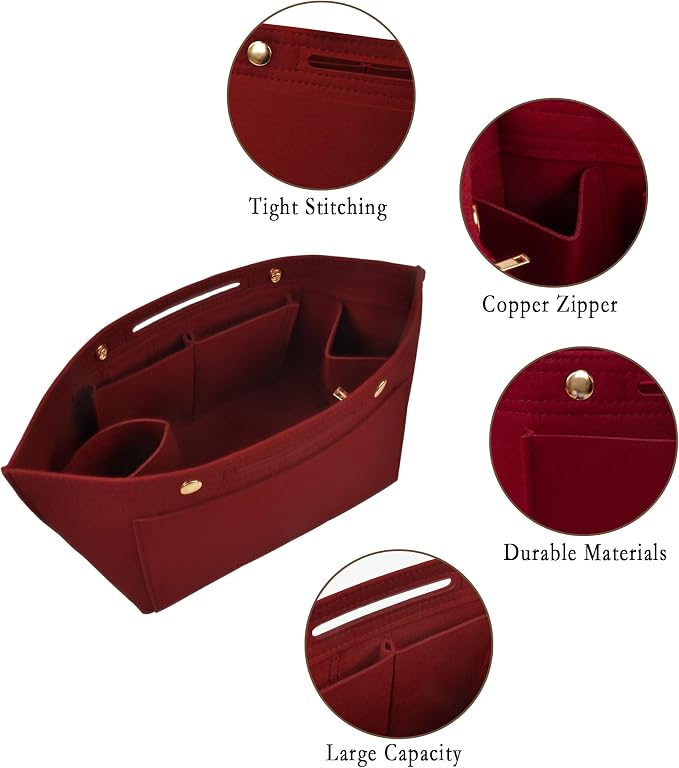 Vercord Purse Organizer Insert for Long champ Felt Organizer Insert with Zipper Handbag Insert Tote Shaper Storage Bag Burgundy S