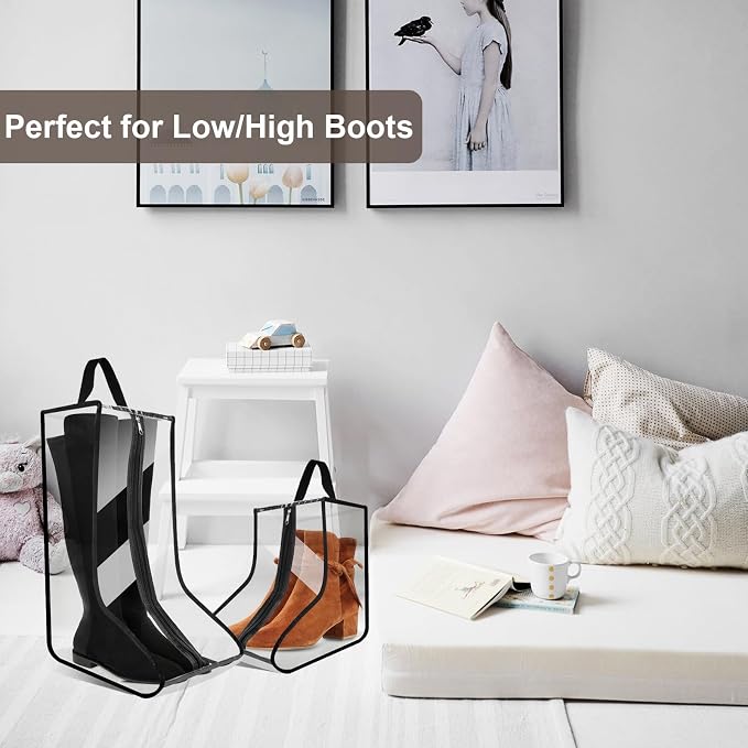 CiBiZi 2Pack Black Boot Bags Organizer for Travel Waterproof Cowboy Boots Bag Portable Shoe Travel Bag for Women Hangable Ski Boot Bag Dust-free Tall Boot Storage Bag (Clear)